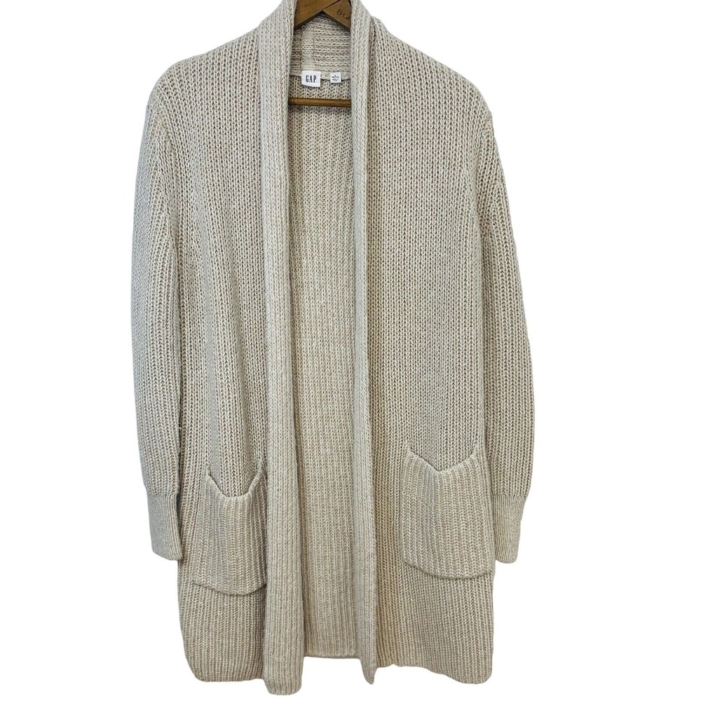 Gap Open Front Cardigan Long Line  Shawl Collar Neutral Chunky Woman PS Pockets